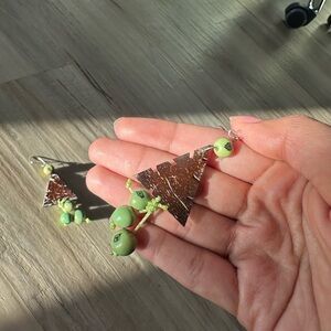 Triangle Earrings with Green Beads